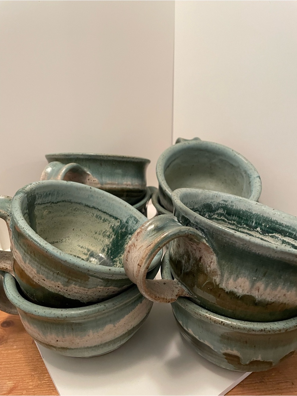 Studio Art Pottery Handled Soup/Chowder Mug Bowls Set Of 8 Drip Glazed Signed
